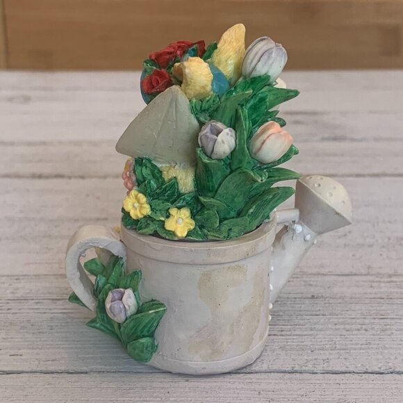 Vintage Bunny Rabbit Watering Can Lidded Trinket Box Tulips Roses Sun Bonnet Hat - Picture 5 of 16